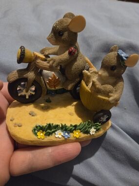 Fitz and Floyd Brown Mice on Yellow Bicycle with Floral Accents
